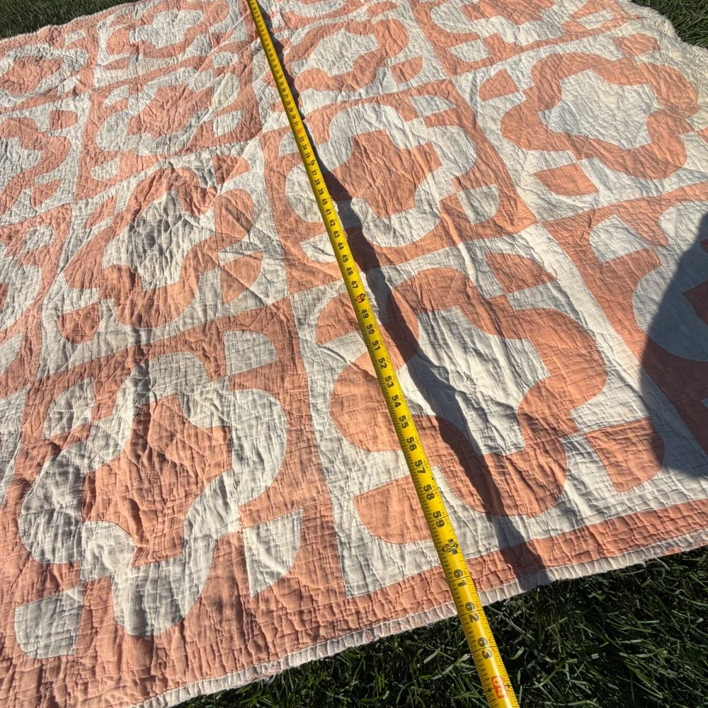 C+ Antique 1800s Hand Quilted Cotton Quilt Orange Peel Peach Folk Art 80x64 Vtg